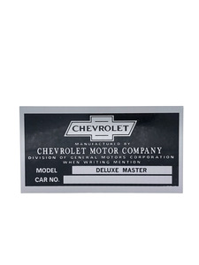 Chevrolet Car Body Number Plate, Cowl End, Deluxe Master Photo Main