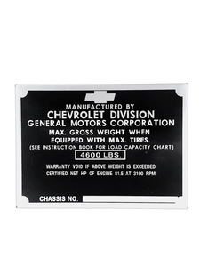 Chevrolet Truck Data Plate (Metal) Right Side Of Cowl, 1/2 Ton Photo Main