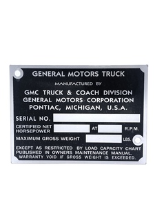 Truck Data Plate (Metal) Door Post, 1/2 Ton GMC Photo Main